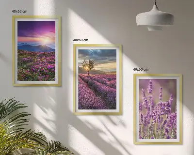 Billedsæt til soveværelset med motiv af en solnedgang i lavendelmarker