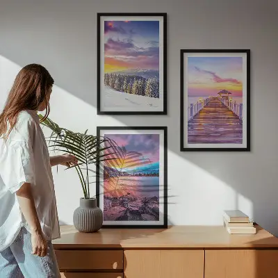 Billedvæg med vinterbjergsølandskab inspiration til din væg