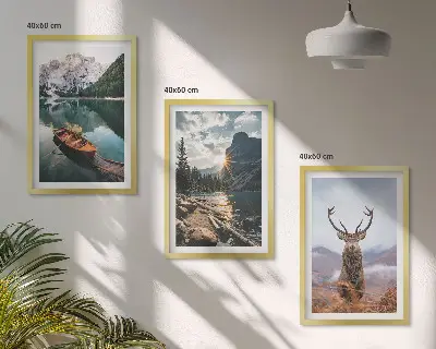 Billedsæt til soveværelse med motiv af bjergsø, båd, solnedgang og hjorte