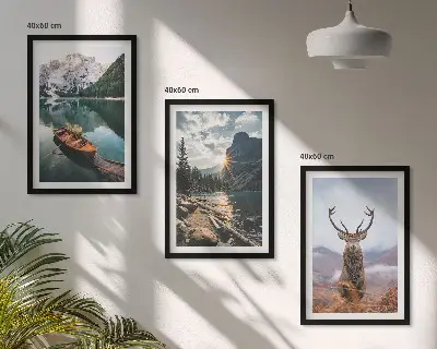 Billedsæt til soveværelse med motiv af bjergsø, båd, solnedgang og hjorte