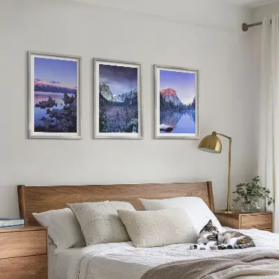 Triptykon med bjerglandskab og solnedgang billeder med ramme