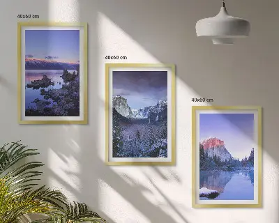 Triptykon med bjerglandskab og solnedgang billeder med ramme