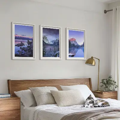 Triptykon med bjerglandskab og solnedgang billeder med ramme