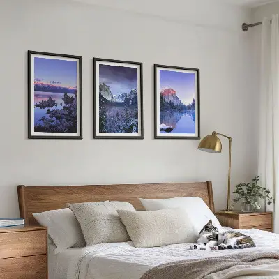 Triptykon med bjerglandskab og solnedgang billeder med ramme