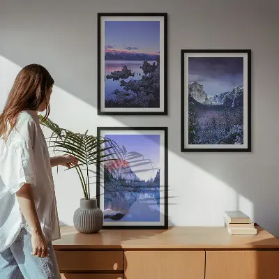 Triptykon med bjerglandskab og solnedgang billeder med ramme