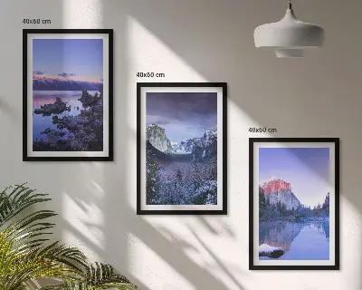 Triptykon med bjerglandskab og solnedgang billeder med ramme