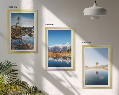 Triptykon billeder med ramme Udsigt over naturen, fyrtårn, bjerge, ballon