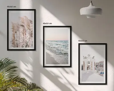 Billedsæt til soveværelset med motiver af planter, havbølger, udsigt og huse
