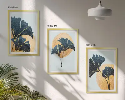 Triptyk med ginkgo blade billeder med lys baggrund og ramme