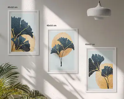 Triptyk med ginkgo blade billeder med lys baggrund og ramme