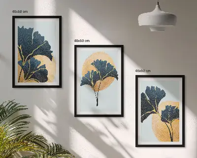Triptyk med ginkgo blade billeder med lys baggrund og ramme