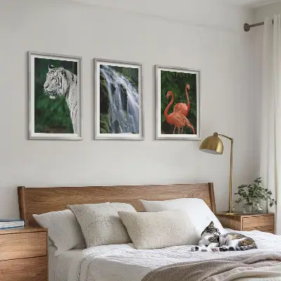 Billedsæt til soveværelset med motiv af tiger, vandfald og flamingoer i naturen