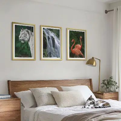 Billedsæt til soveværelset med motiv af tiger, vandfald og flamingoer i naturen