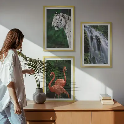 Billedsæt til soveværelset med motiv af tiger, vandfald og flamingoer i naturen