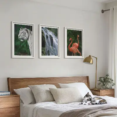 Billedsæt til soveværelset med motiv af tiger, vandfald og flamingoer i naturen