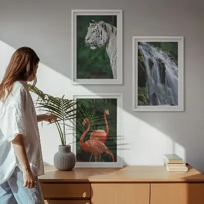 Billedsæt til soveværelset med motiv af tiger, vandfald og flamingoer i naturen