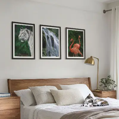 Billedsæt til soveværelset med motiv af tiger, vandfald og flamingoer i naturen