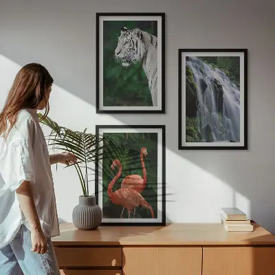 Billedsæt til soveværelset med motiv af tiger, vandfald og flamingoer i naturen