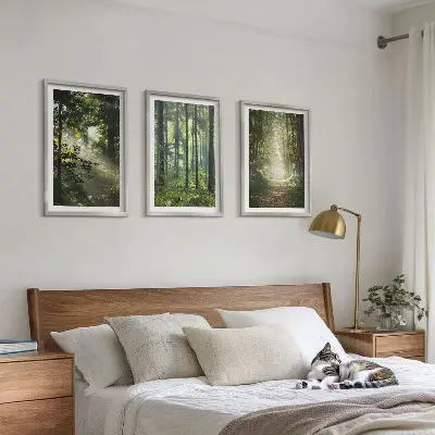 Grønne skove med lysstråler triptykon med ramme