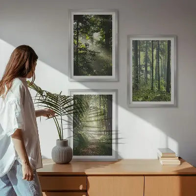 Grønne skove med lysstråler triptykon med ramme