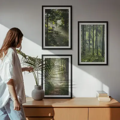 Grønne skove med lysstråler triptykon med ramme