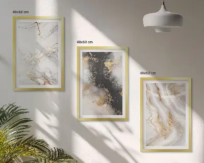 Triptyk med abstrakte hvide og sorte mønstre med ramme