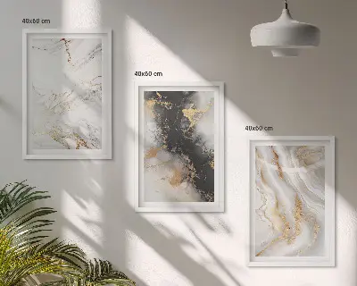 Triptyk med abstrakte hvide og sorte mønstre med ramme