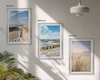 Triptykon billeder med ramme Strand, sand, bølger, himmel, fugle