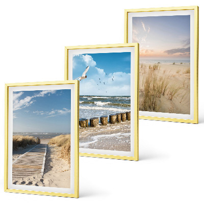 Triptykon billeder med ramme Strand, sand, bølger, himmel, fugle