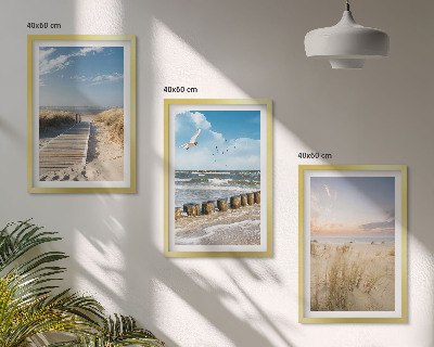 Triptykon billeder med ramme Strand, sand, bølger, himmel, fugle