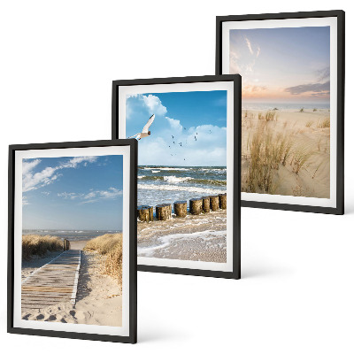 Triptykon billeder med ramme Strand, sand, bølger, himmel, fugle