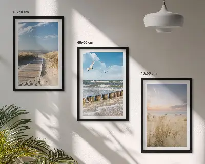 Triptykon billeder med ramme med motiv af strand, sand, bølger, himmel og fugle