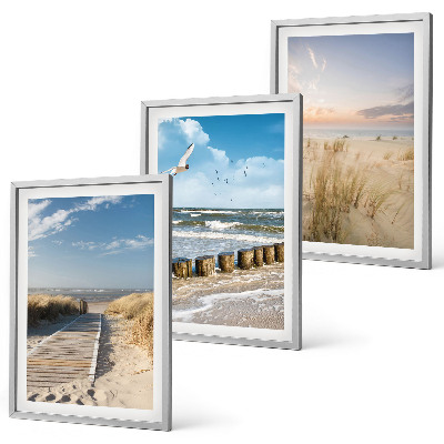 Triptykon billeder med ramme Strand, sand, bølger, himmel, fugle