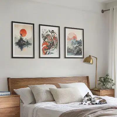 Billedsæt til soveværelset med asiatiske japanske motiver