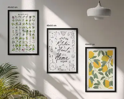 Triptyk med malede citroner og køkkenurter med ramme