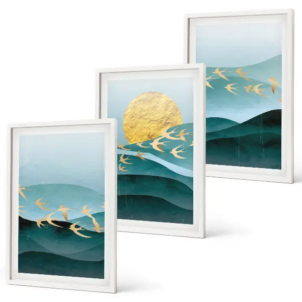 Triptyk af abstrakte solnedgangslandskaber med ramme