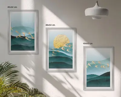 Triptyk af abstrakte solnedgangslandskaber med ramme