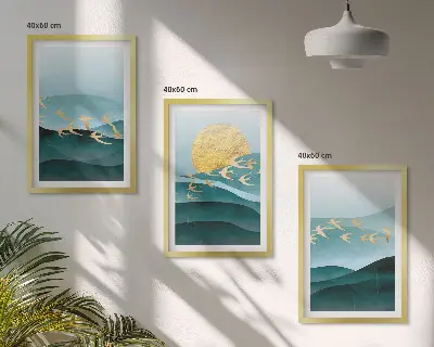 Triptyk af abstrakte solnedgangslandskaber med ramme