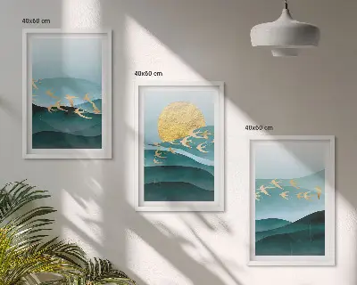 Triptyk af abstrakte solnedgangslandskaber med ramme