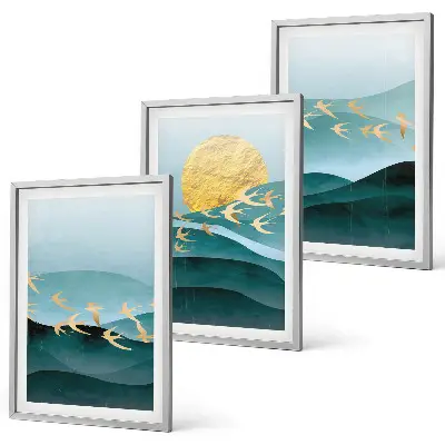 Triptyk af abstrakte solnedgangslandskaber med ramme
