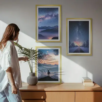 Sengesæt til soveværelset med motiv af bjerge, nattehimmel, tåge og hjorte