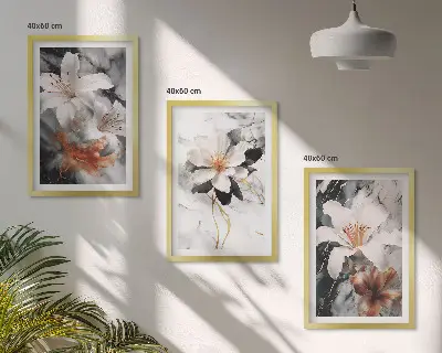 Billedvæg med blomstermotiv i hvid og sort marmor
