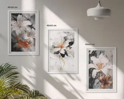 Billedvæg med blomstermotiv i hvid og sort marmor