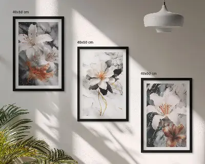 Billedvæg med blomstermotiv i hvid og sort marmor