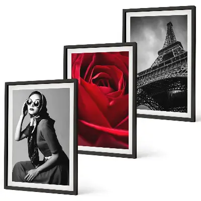 Triptykon billeder med ramme motiv af parisisk dame med Eiffeltårnsbriller