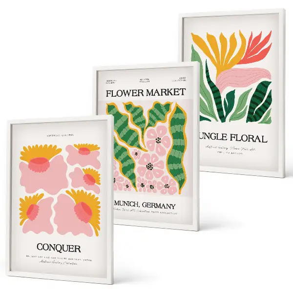 Blomster og blade moderne plakater triptykon med ramme