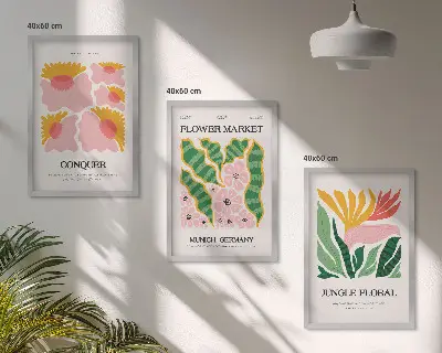 Blomster og blade moderne plakater triptykon med ramme