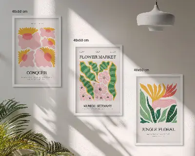 Blomster og blade moderne plakater triptykon med ramme