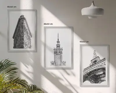 Triptykon med arkitektoniske sort-hvide bygninger med ramme
