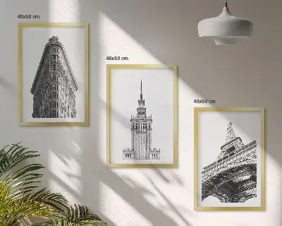 Triptykon med arkitektoniske sort-hvide bygninger med ramme